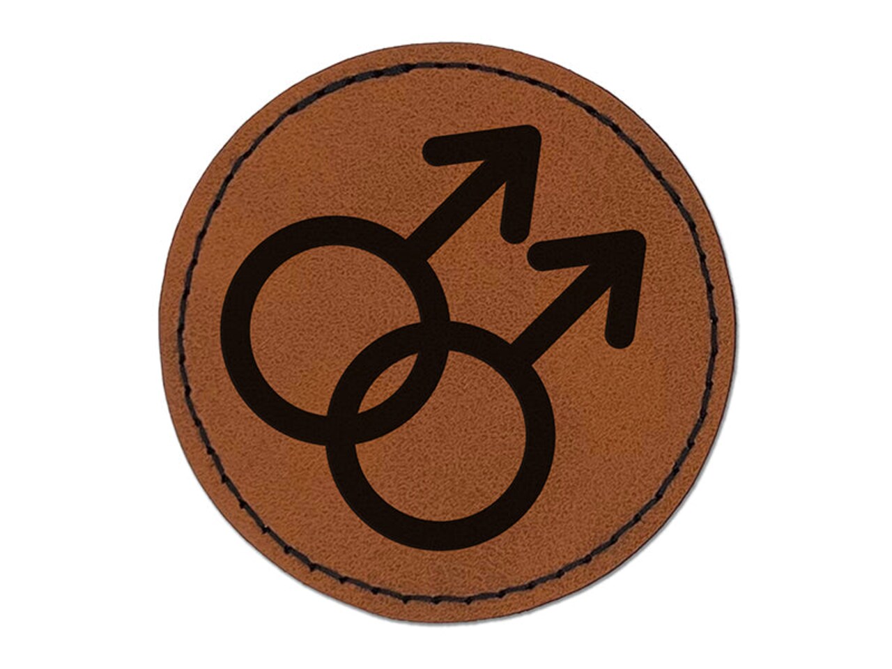 Doubled Male Sign Gay Gender Symbol Round Iron-On Engraved Faux Leather Patch Applique - 2.5"